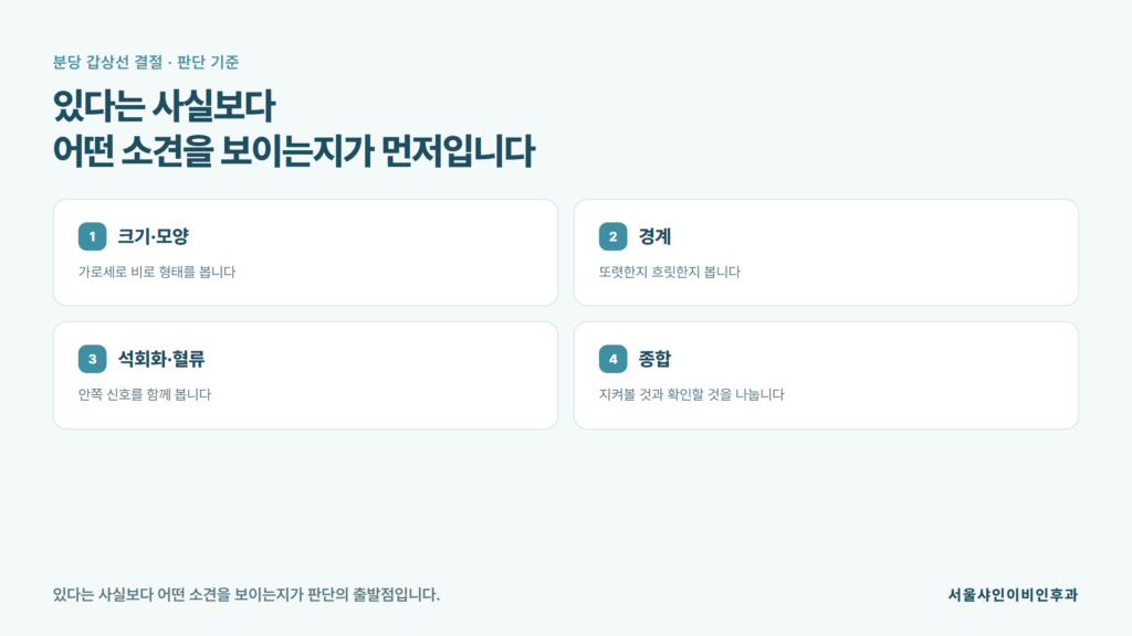 목 초음파로 갑상선 혹의 크기와 모양, 경계와 석회화, 혈류를 나누어 살핀 뒤 하나로 모아 판단하는 흐름을 정리한 서울샤인이비인후과 자료 이미지