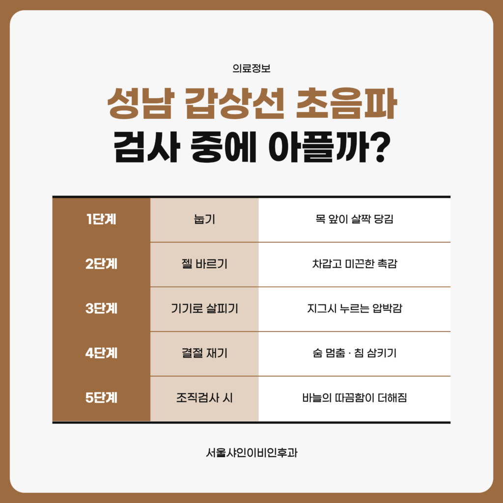성남 갑상선 초음파 검사대에 누운 뒤 자세 잡기와 젤 바르기, 기기로 목을 살피는 과정, 조직검사로 이어질 때의 느낌을 단계별로 정리한 서울샤인이비인후과 자료 이미지