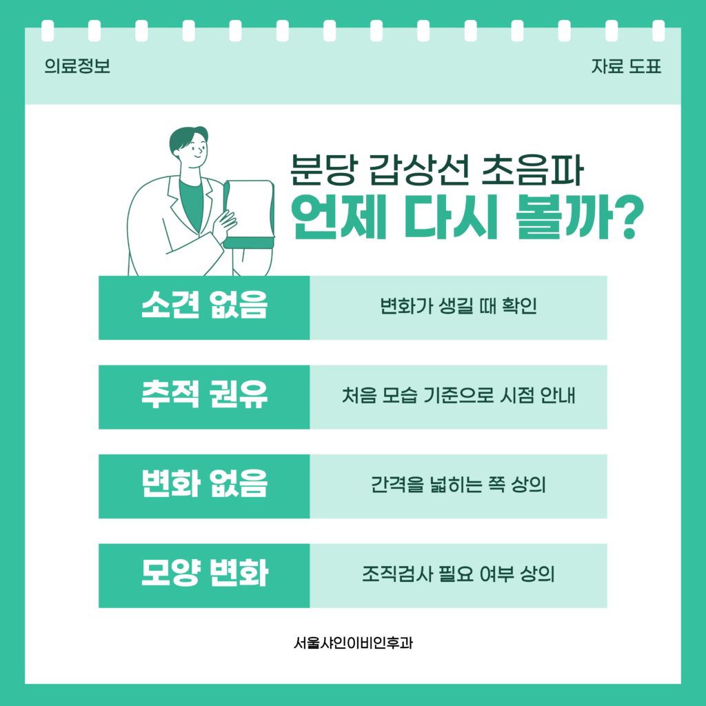 검진 뒤 갑상선 초음파를 다시 받는 시점이 결과지 소견과 이전 기록, 그 사이 목의 변화에 따라 갈리는 구조를 정리한 서울샤인이비인후과 자료 도표