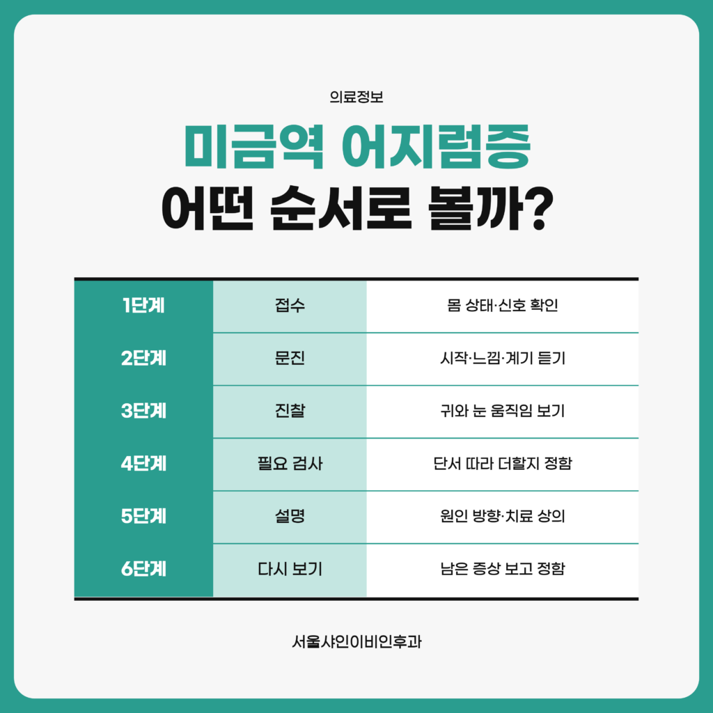 미금역 서울샤인이비인후과의 어지럼증 진료가 접수와 문진, 귀와 눈 진찰, 필요한 검사, 설명, 다시 보는 시점까지 이어지는 순서를 단계표로 정리한 자료 도표