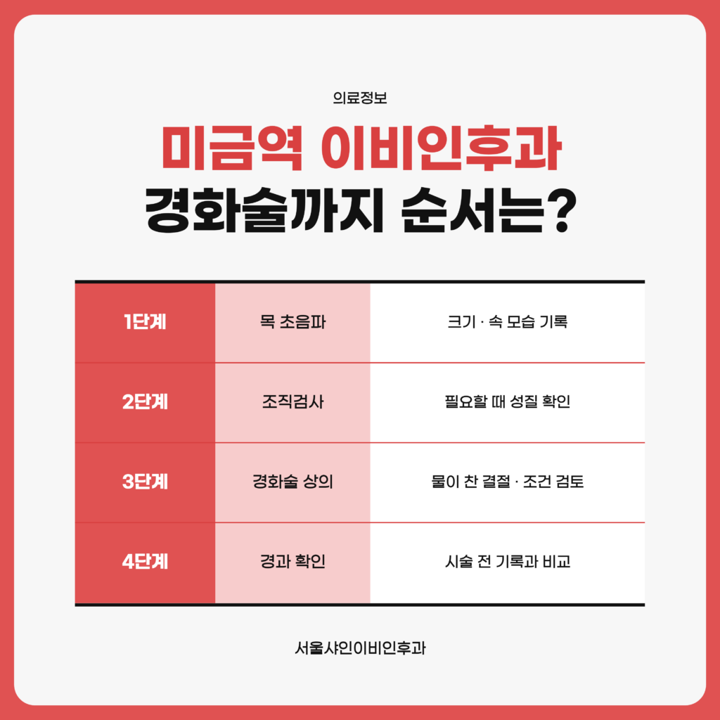 미금역 서울샤인이비인후과 초음파 클리닉에서 갑상선 목 초음파, 조직검사, 에탄올 경화술 상의, 경과 확인으로 이어지는 진료 순서를 단계별로 정리한 자료 이미지