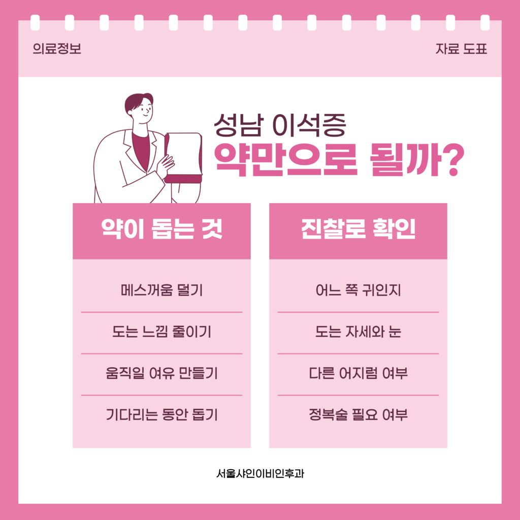 어지럼 약이 돕는 메스꺼움과 도는 느낌 완화, 진찰로 확인하는 이석증 원인과 정복술 필요 여부를 두 칸으로 나누어 정리한 서울샤인이비인후과 자료 도표