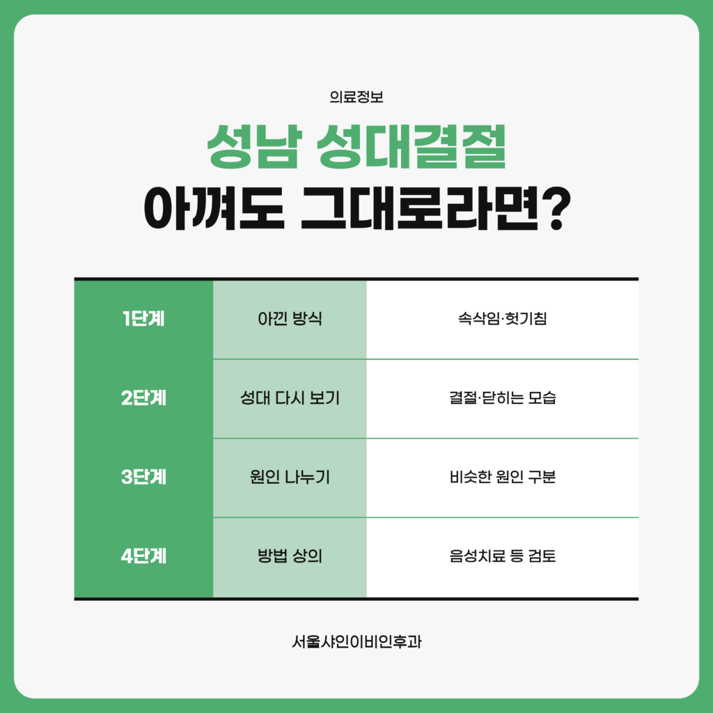목소리를 아껴도 쉰 소리가 남은 성대결절에서 아껴 온 방식 점검, 성대 다시 보기, 원인 나누기, 다음 방법 상의 순서를 단계로 정리한 서울샤인이비인후과 자료 도표