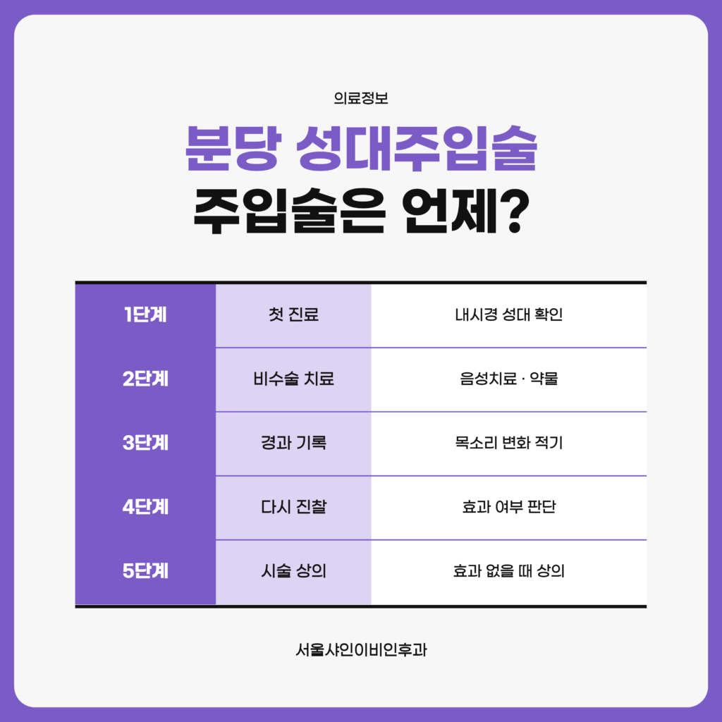 분당 서울샤인이비인후과 목소리 클리닉에서 첫 진료, 음성치료와 약물치료 같은 비수술 치료, 경과 확인, 다시 진찰, 시술 상의로 이어지는 순서를 단계별로 정리한 자료 도표