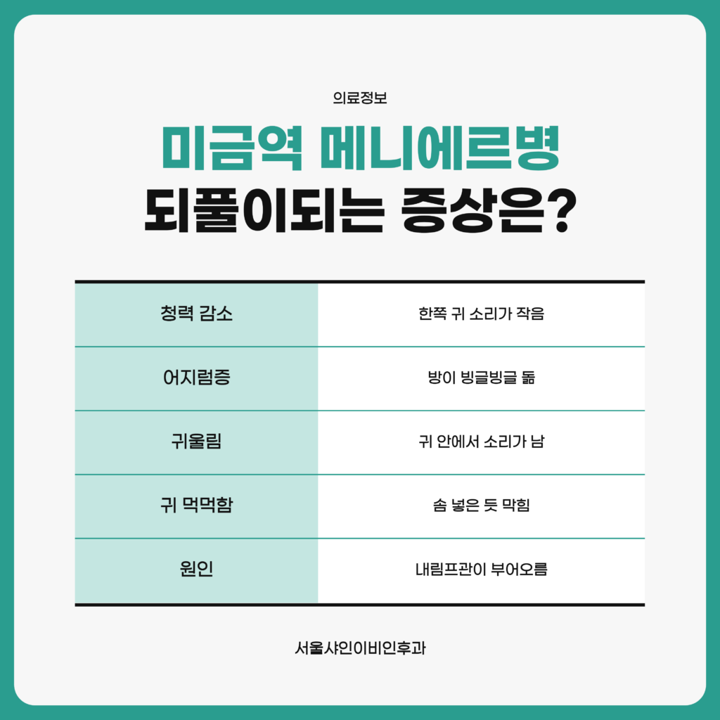 미금역 서울샤인이비인후과 어지러움 클리닉에서 메니에르병을 설명할 때 쓰는 청력 감소, 어지럼증, 귀울림, 귀 먹먹함과 내림프관이 부어오르는 원인을 표로 정리한 자료 이미지